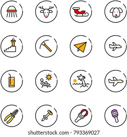 line vector icon set - shower vector, christmas deer, sleigh, dog, success, rock axe, paper fly, plane, drink, beach, palm, pliers, nail dowel, beanbag