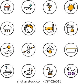 line vector icon set - shower vector, drop hand, drink, sea turtle, rain cloud, ball, diving, ship bell, waves, kayak, dolphin, basin, sailboat toy, duck