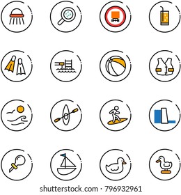 line vector icon set - shower vector, bacteria, no dangerous cargo road sign, drink, flippers, pool, ball, life vest, waves, kayak, surfing, water power plant, oiler, sailboat toy, duck