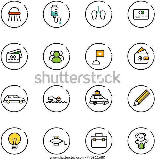 line vector icon\
set - shower vector, drop counter, lungs, credit card, group, flag,\
finance management, limousine, swimming, car baggage, pencil, bulb,\
jack, tool box, bear toy