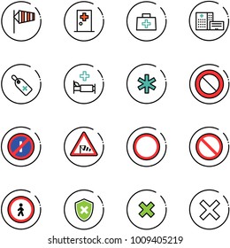 line vector icon set - side wind vector, first aid room, doctor bag, hospital building, medical label, bed, ambulance star, prohibition road sign, no parkin odd, pedestrian, shield cross, delete