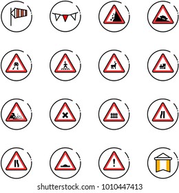 line vector icon set - side wind vector, flag garland, landslide road sign, steep descent, slippery, pedestrian, wild animals, railway intersection, gravel, narrows, artificial unevenness, attention