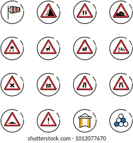 line vector icon set - side wind vector, landslide road sign, oncoming traffic, steep descent, slippery, wild animals, railway intersection, narrows, artificial unevenness, attention, pennant