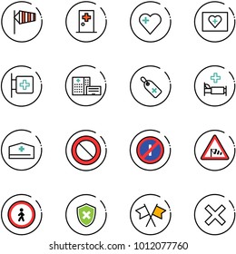 line vector icon set - side wind vector, first aid room, heart, kit, hospital building, medical label, bed, doctor hat, prohibition road sign, no parkin odd, pedestrian, shield cross, flags, delete