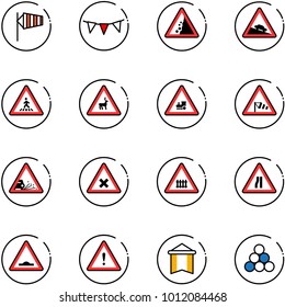 line vector icon set - side wind vector, flag garland, landslide road sign, steep descent, pedestrian, wild animals, railway intersection, gravel, narrows, artificial unevenness, attention, pennant