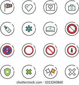 line vector icon set - side wind vector, heart, first aid kit, doctor bag, medical label, ambulance star, hat, prohibition road sign, no parkin odd, pedestrian, shield cross, delete, flags