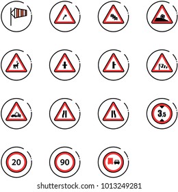 line vector icon set - side wind vector, turn right road sign, multi lane traffic, steep roadside, wild animals, intersection, car crash, narrows, limited height, speed limit 20, 90
