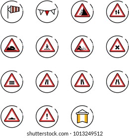 line vector icon set - side wind vector, flag garland, landslide road sign, oncoming traffic, steep descent, pedestrian, gravel, railway intersection, narrows, artificial unevenness, attention