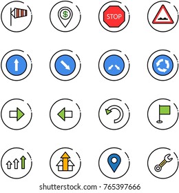 line vector icon set - side wind vector, dollar pin, stop road sign, rough, only forward, detour, circle, right arrow, left, undo, flag, arrows up, navigation, wrench