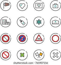 line vector icon set - side wind vector, heart, first aid kit, doctor bag, hospital building, medical label, ambulance star, hat, prohibition road sign, no parkin odd, delete cross, flags