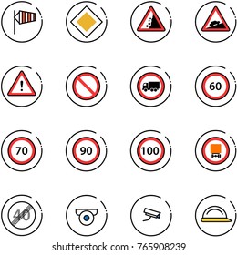 line vector icon set - side wind vector, main road sign, landslide, climb, attention, prohibition, no truck, speed limit 60, 70, 90, 100, dangerous cargo, end, surveillance camera