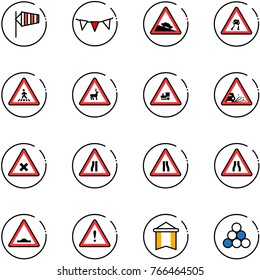 line vector icon set - side wind vector, flag garland, steep descent road sign, slippery, pedestrian, wild animals, railway intersection, gravel, narrows, artificial unevenness, attention, pennant