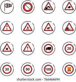 line vector icon set - side wind vector, prohibition road sign, embankment, tractor way, traffic light, pedestrian, railway intersection, gravel, attention, no truck, speed limit 20, 30, 90, 100