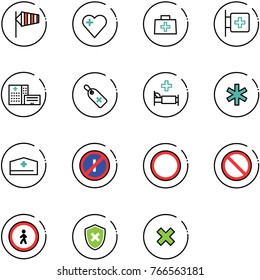 line vector icon set - side wind vector, heart, doctor bag, first aid room, hospital building, medical label, bed, ambulance star, hat, no parkin odd, prohibition road sign, pedestrian, shield cross