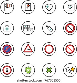 line vector icon set - side wind vector, first aid room, heart, kit, doctor bag, hospital building, medical label, prohibition road sign, no parkin odd, pedestrian, shield cross, delete, flags
