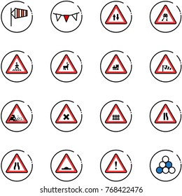line vector icon set - side wind vector, flag garland, oncoming traffic road sign, slippery, pedestrian, wild animals, railway intersection, gravel, narrows, artificial unevenness, attention