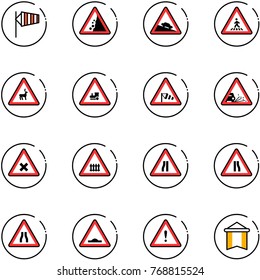 line vector icon set - side wind vector, landslide road sign, steep descent, pedestrian, wild animals, railway intersection, gravel, narrows, artificial unevenness, attention, pennant