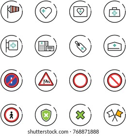 line vector icon set - side wind vector, heart, first aid kit, doctor bag, room, hospital building, medical label, hat, no parkin odd, road sign, prohibition, pedestrian, shield cross, delete, flags