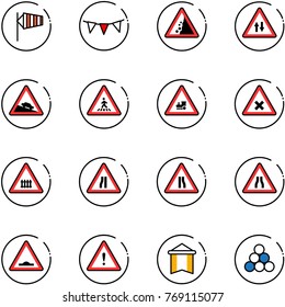 line vector icon set - side wind vector, flag garland, landslide road sign, oncoming traffic, steep descent, pedestrian, railway intersection, narrows, artificial unevenness, attention, pennant