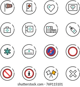 line vector icon set - side wind vector, first aid room, heart, kit, doctor bag, hospital building, medical label, ambulance star, hat, no parkin odd, prohibition road sign, pedestrian, flags cross