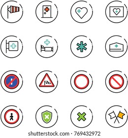 line vector icon set - side wind vector, first aid room, heart, kit, hospital bed, ambulance star, doctor hat, no parkin odd, road sign, prohibition, pedestrian, shield cross, delete, flags