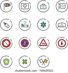 line vector icon set - side wind vector, first aid kit, doctor bag, room, medical label, hospital bed, ambulance star, hat, prohibition road sign, no parkin odd, pedestrian, shield cross, delete