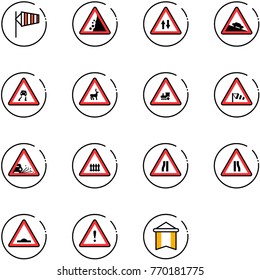 line vector icon set - side wind vector, landslide road sign, oncoming traffic, steep descent, slippery, wild animals, railway intersection, gravel, narrows, artificial unevenness, attention