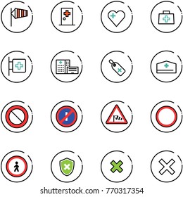 line vector icon set - side wind vector, first aid room, heart, doctor bag, hospital building, medical label, hat, prohibition road sign, no parkin odd, pedestrian, shield cross, delete