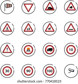 line vector icon set - side wind vector, giving way road sign, climb, tractor, pedestrian, children, wild animals, rough, attention, no dangerous cargo, truck, speed limit 10, 30, 90, 100