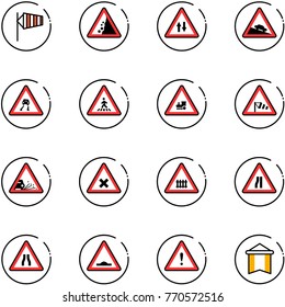 line vector icon set - side wind vector, landslide road sign, oncoming traffic, steep descent, slippery, pedestrian, railway intersection, gravel, narrows, artificial unevenness, attention, pennant