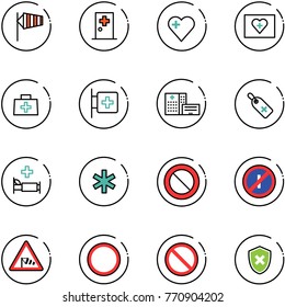 line vector icon set - side wind vector, first aid room, heart, kit, doctor bag, hospital building, medical label, bed, ambulance star, prohibition road sign, no parkin odd, shield cross