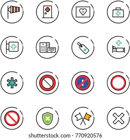 line vector icon set - side wind vector, first aid room, kit, doctor bag, hospital building, medical label, bed, ambulance star, prohibition road sign, no parkin odd, shield cross, flags, delete