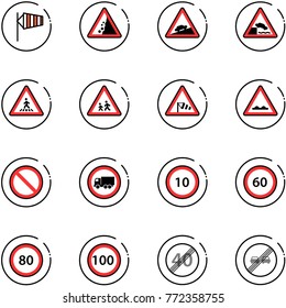 line vector icon set - side wind vector, landslide road sign, climb, embankment, pedestrian, children, rough, prohibition, no truck, speed limit 10, 60, 80, 100, end, overtake