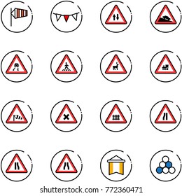 line vector icon set - side wind vector, flag garland, oncoming traffic road sign, steep descent, slippery, pedestrian, wild animals, railway intersection, narrows, pennant, billiards balls