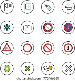 line vector icon set - side wind vector, first aid room, medical label, hospital bed, ambulance star, doctor hat, prohibition road sign, no parkin odd, pedestrian, shield cross, delete, flags