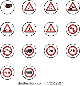 line vector icon set - side wind vector, turn right road sign, round motion, embankment, drawbridge, pedestrian, intersection, no left, limited distance, truck, speed limit 20, bike, overtake