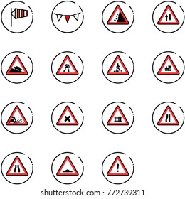 line vector icon set - side wind vector, flag garland, landslide road sign, oncoming traffic, steep descent, slippery, pedestrian, railway intersection, gravel, narrows, artificial unevenness