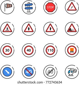 line vector icon set - side wind vector, road signpost sign, stop, turn right, pedestrian, intersection, gravel, speed limit 30, 40, 110, no dangerous cargo, detour, end minimal, helicopter toy