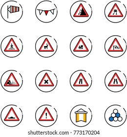 line vector icon set - side wind vector, flag garland, landslide road sign, slippery, pedestrian, wild animals, railway intersection, gravel, narrows, artificial unevenness, attention, pennant