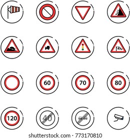 line vector icon set - side wind vector, prohibition road sign, giving way, landslide, steep descent, tractor, traffic light, speed limit 60, 70, 80, 120, end, overtake, surveillance camera
