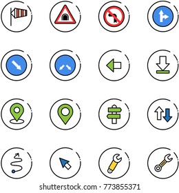 line vector icon set - side wind vector, tunnel road sign, no left turn, only forward right, detour, arrow, download, map pin, signpost, up down arrows, trip, cursor, wrench