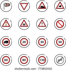 line vector icon set - side wind vector, giving way road sign, climb, tractor, traffic light, railway intersection, attention, prohibition, no truck, speed limit 20, 30, 50, 60, 80, 130