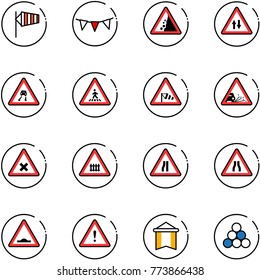 line vector icon set - side wind vector, flag garland, landslide road sign, oncoming traffic, slippery, pedestrian, gravel, railway intersection, narrows, artificial unevenness, attention, pennant