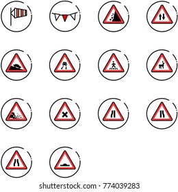 line vector icon set - side wind vector, flag garland, landslide road sign, oncoming traffic, steep descent, slippery, pedestrian, wild animals, gravel, railway intersection, narrows