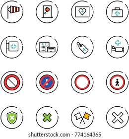 line vector icon set - side wind vector, first aid room, kit, doctor bag, hospital building, medical label, bed, prohibition road sign, no parkin odd, pedestrian, shield cross, delete, flags