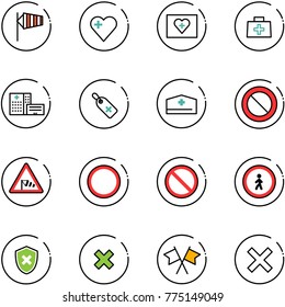 line vector icon set - side wind vector, heart, first aid kit, doctor bag, hospital building, medical label, hat, prohibition road sign, no pedestrian, shield cross, delete, flags