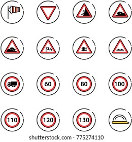 line vector icon set - side wind vector, giving way road sign, landslide, climb, steep descent, railway intersection, rough, no truck, speed limit 60, 80, 100, 110, 120, 130, construction helmet