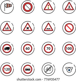 line vector icon set - side wind vector, prohibition road sign, traffic light, pedestrian, children, railway intersection, rough, no truck, speed limit 60, 70, 100, 120, bus, end