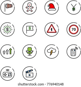 line vector icon set - side wind vector, cake man, christmas hat, yen, dollar sun, flag, intersection road sign, speed limit 70, arrows up, office chair, storm, remote control, joystick wireless