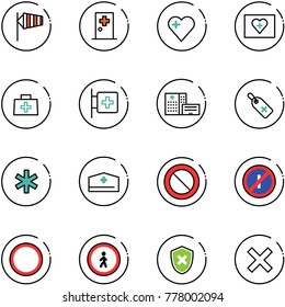 line vector icon set - side wind vector, first aid room, heart, kit, doctor bag, hospital building, medical label, ambulance star, hat, prohibition road sign, no parkin odd, pedestrian, shield cross